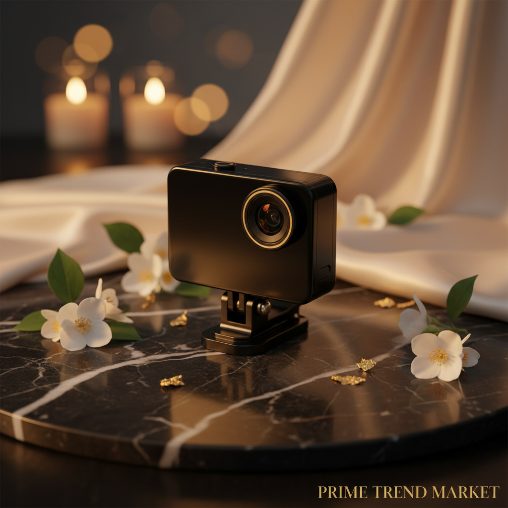 RideShot black action camera on dark marble with jasmine