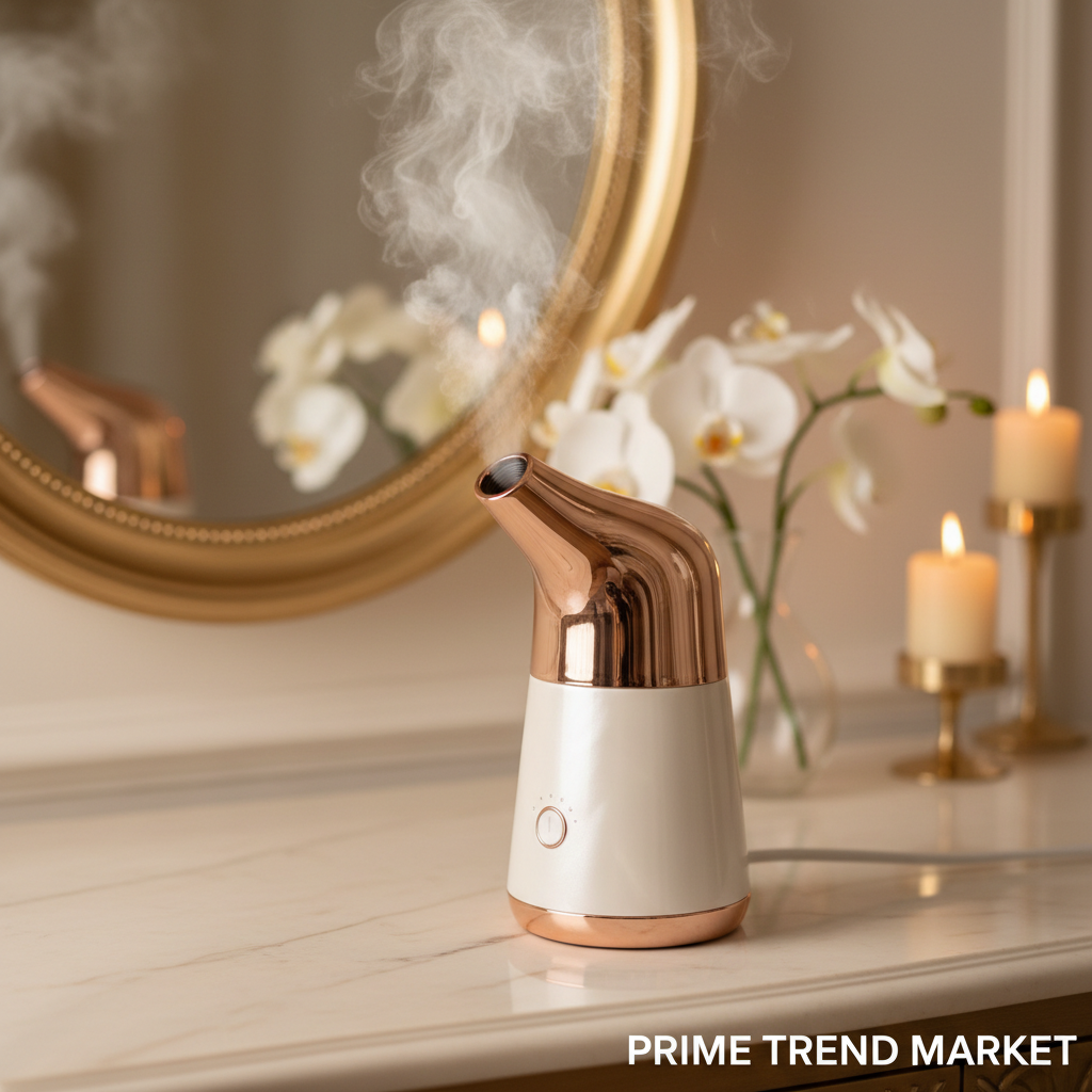 Luxury Facial Steamer on vanity with candles and gold mirror