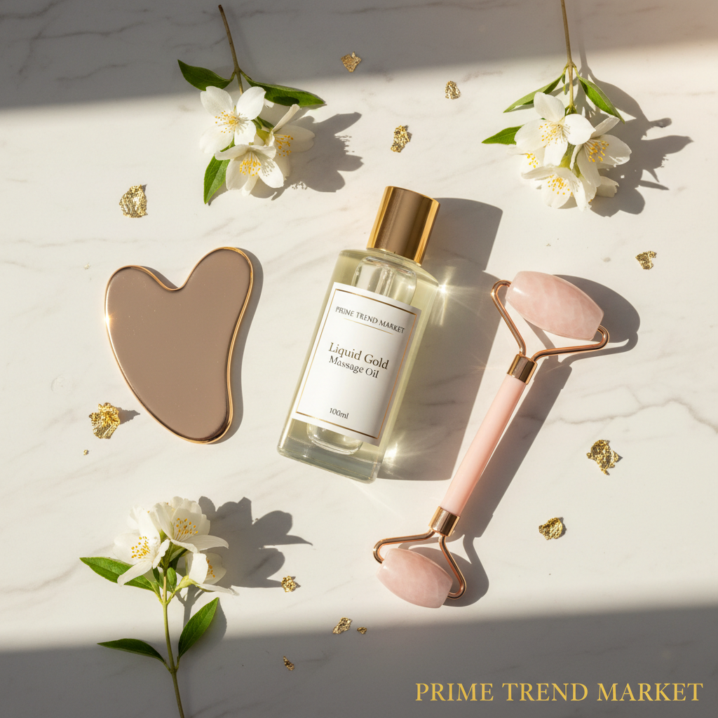 Luxury Massage Oil full ritual trio flatlay with Gua Sha and Ice Roller