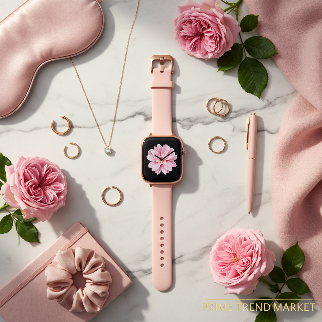 Pink smartwatch on marble with pink roses and gold jewelry — Prime Trend Market
