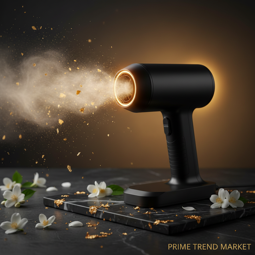 Close-up hero shot of black electric air duster with airflow blast effect on black marble - Prime Trend Market