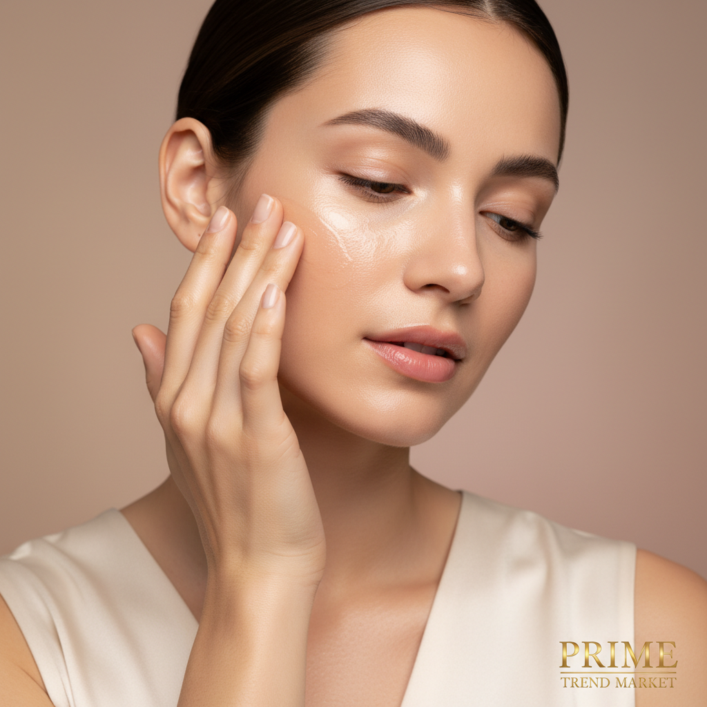 Woman applying hydrating makeup primer to face with dewy glowing skin