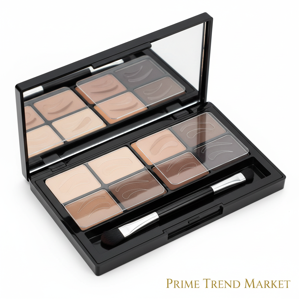 Open eyebrow cream powder palette multiple shades stencil cards dual brush black compact product shot