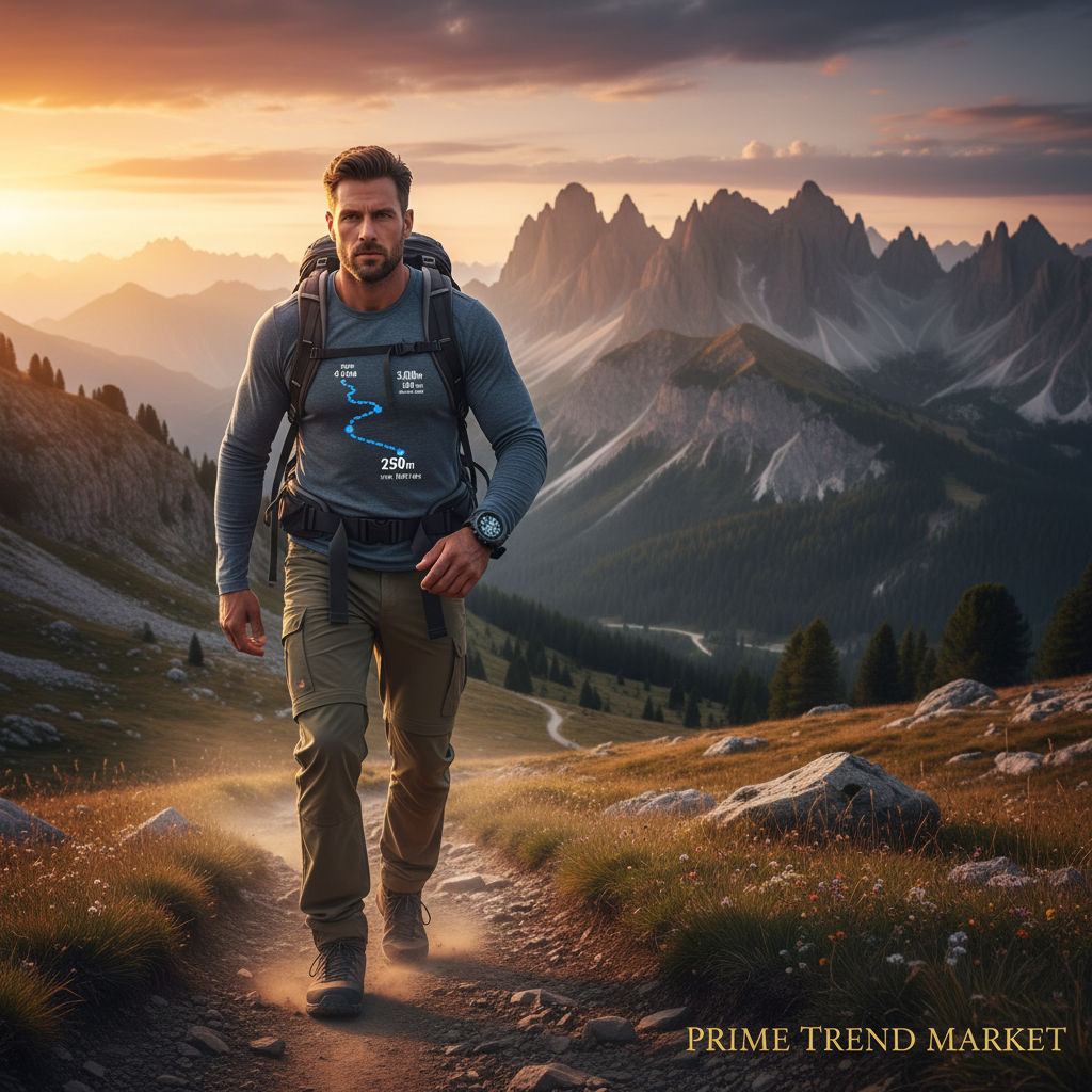 Man hiking on mountain trail wearing SENBONO GPS smartwatch at golden hour