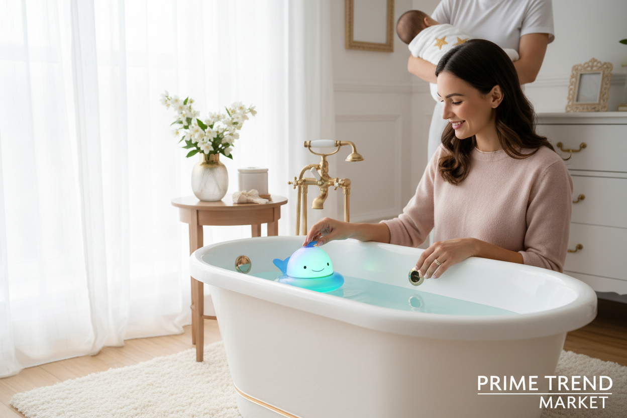 Mother testing baby bath water temperature with LED thermometer