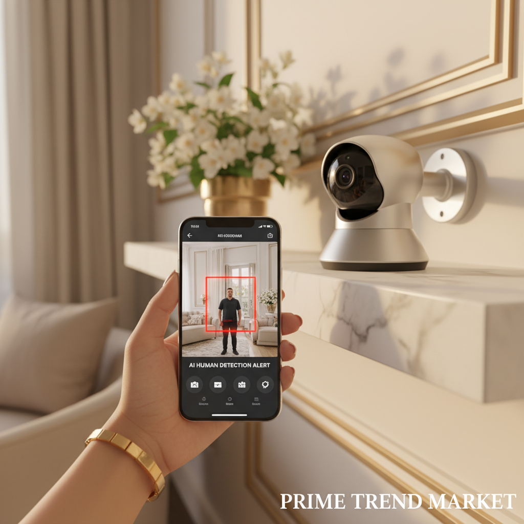 Smartphone showing PTZ security camera app with AI human detection alert — Prime Trend Market