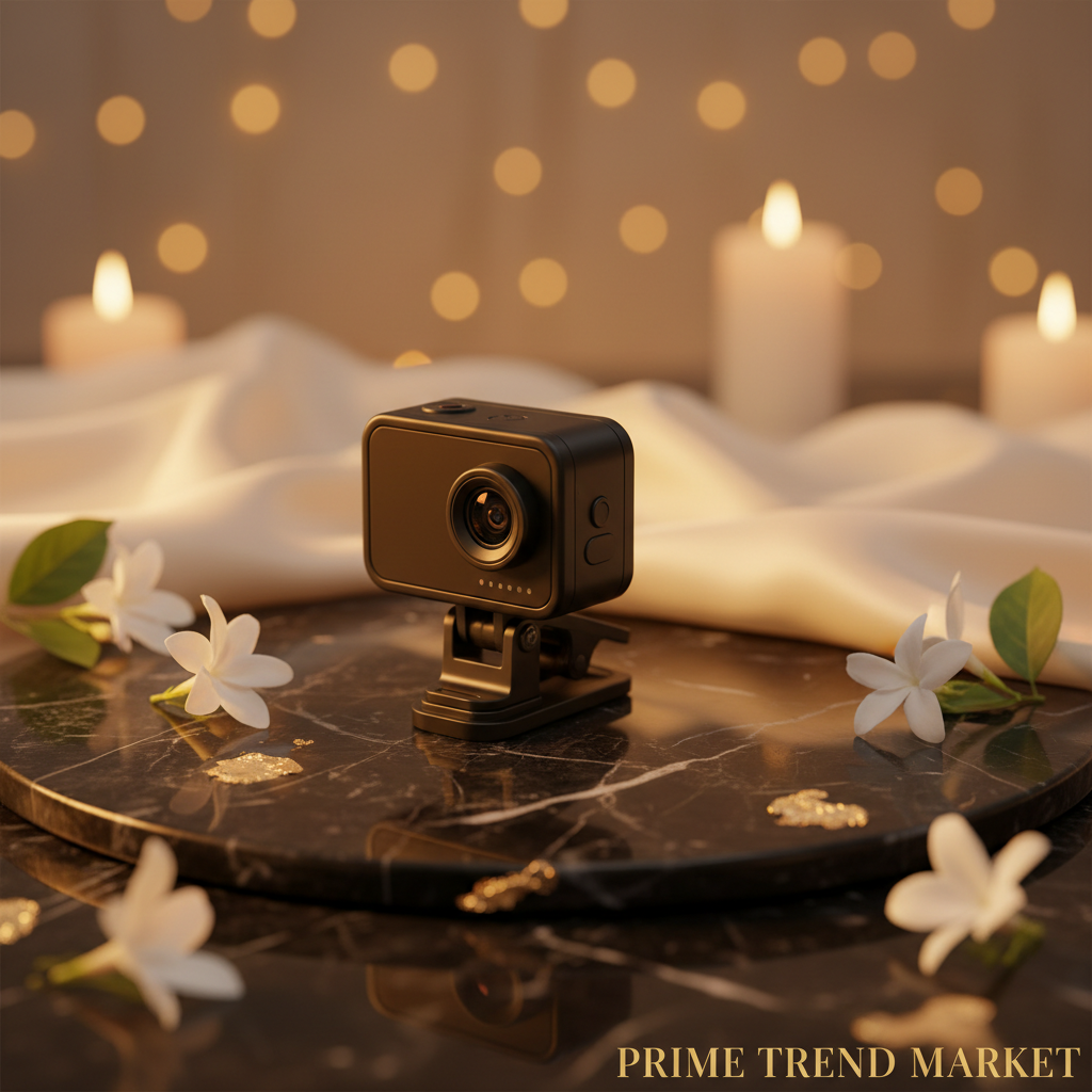 TravelShot compact camera on dark marble with jasmine