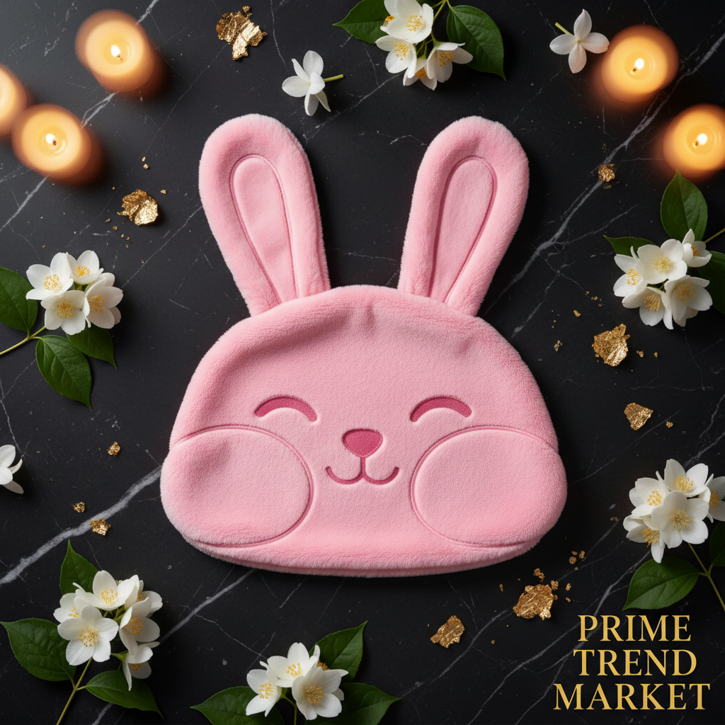 Premium pink rabbit character cat litter mat flat lay on dark marble