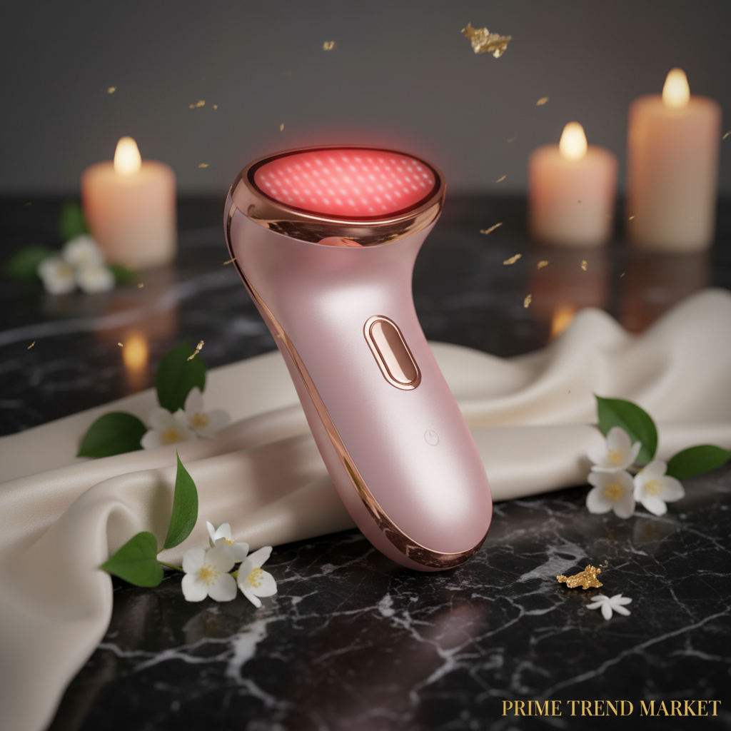 Luxury 3-in-1 EMS Face & Neck Massager hero shot on dark marble with red LED glow and jasmine flowers