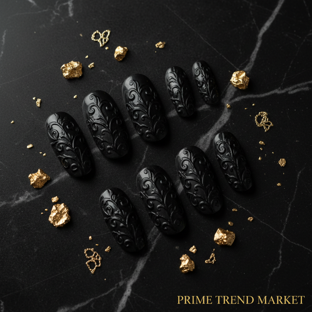 Dark Vine Black Press-On Nails — Black Marble Flat Lay