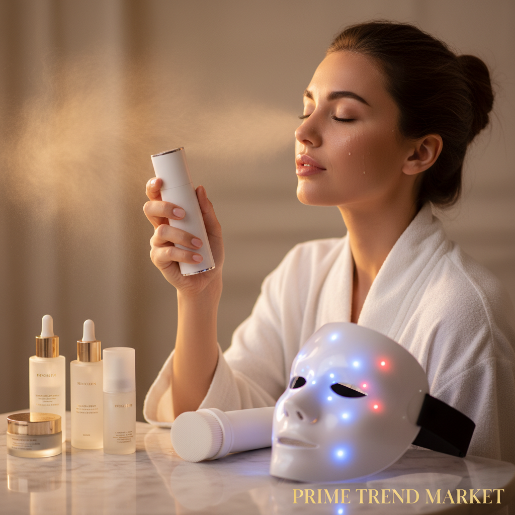 Woman misting face with nano mist sprayer after sonic cleansing brush routine