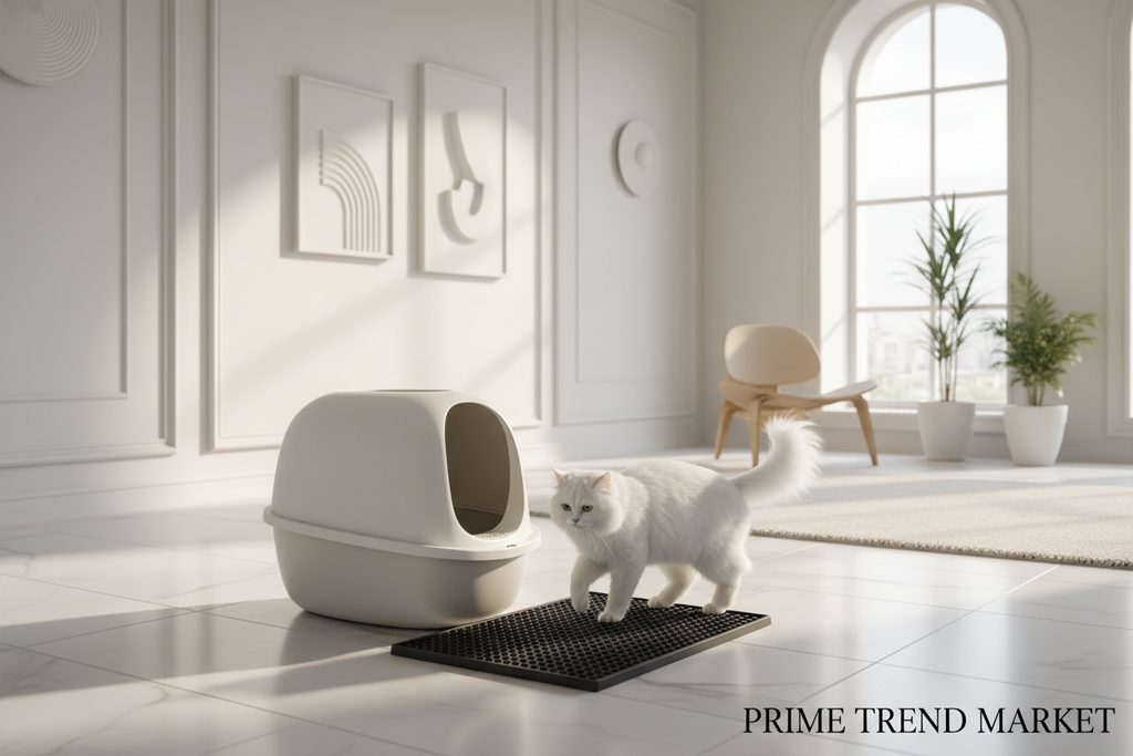 White cat stepping off premium black EVA litter pad next to modern litter box in luxury home
