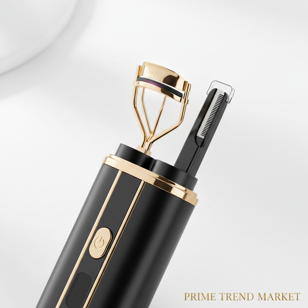 Close-up 2-in-1 electric eyelash curler eyebrow trimmer both tool heads black gold product shot