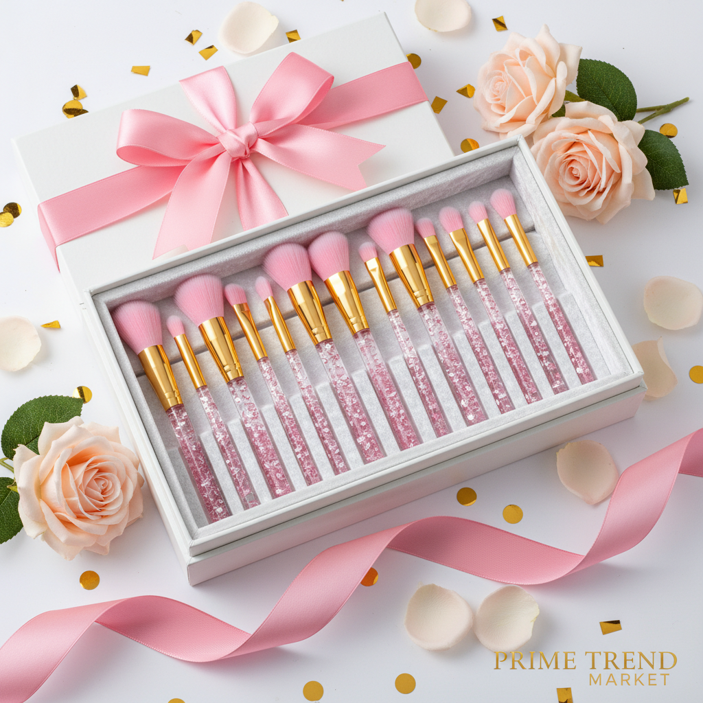 Pink diamond inlaid handmade makeup brush set with clear handles in premium gift box with satin ribbon