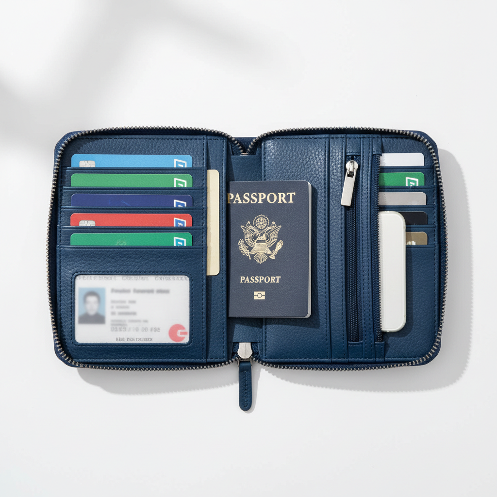 Open passport wallet showing 12 organized card slots and compartments
