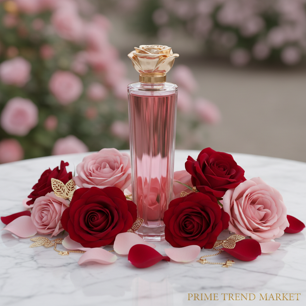 Rose Niche Perfume 100ml on white marble with fresh roses - Prime Trend Market