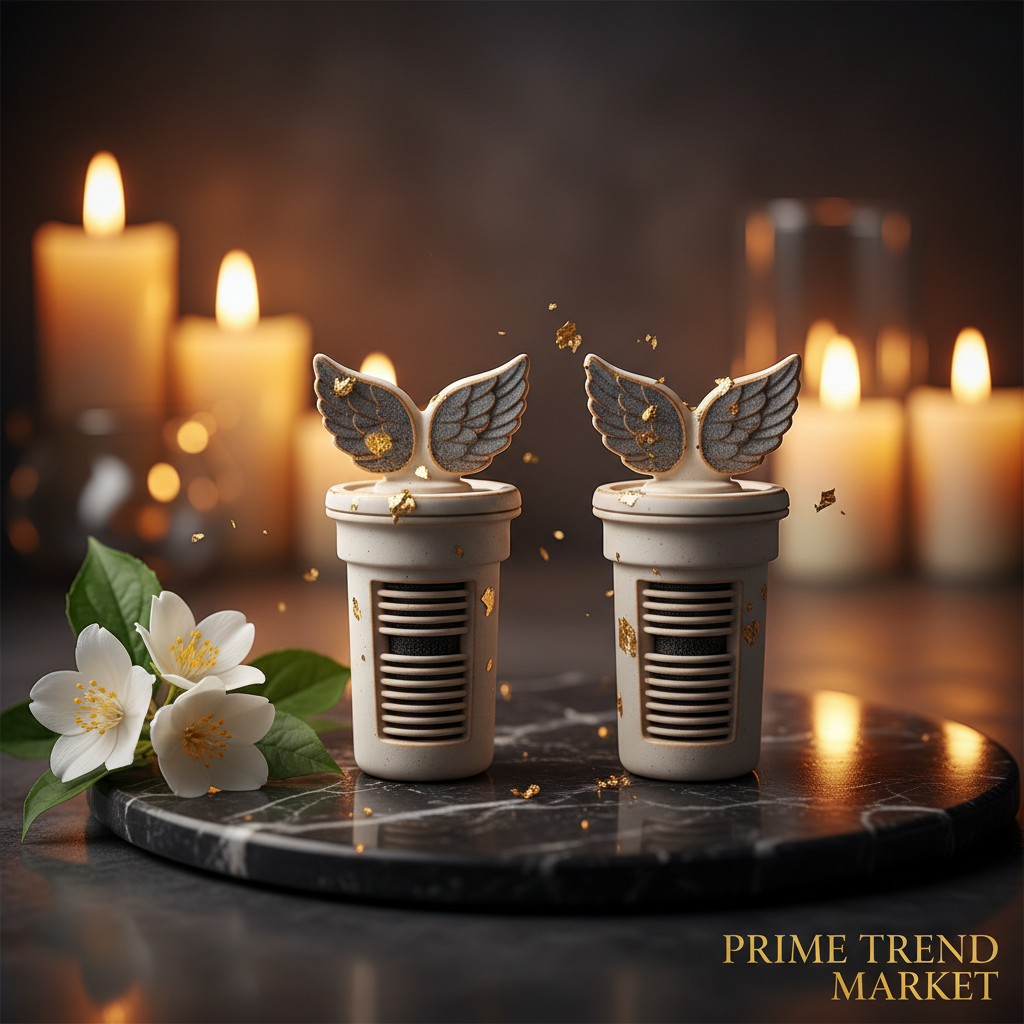 Two premium double wing pet water fountain filters on dark marble with jasmine flowers and gold accents