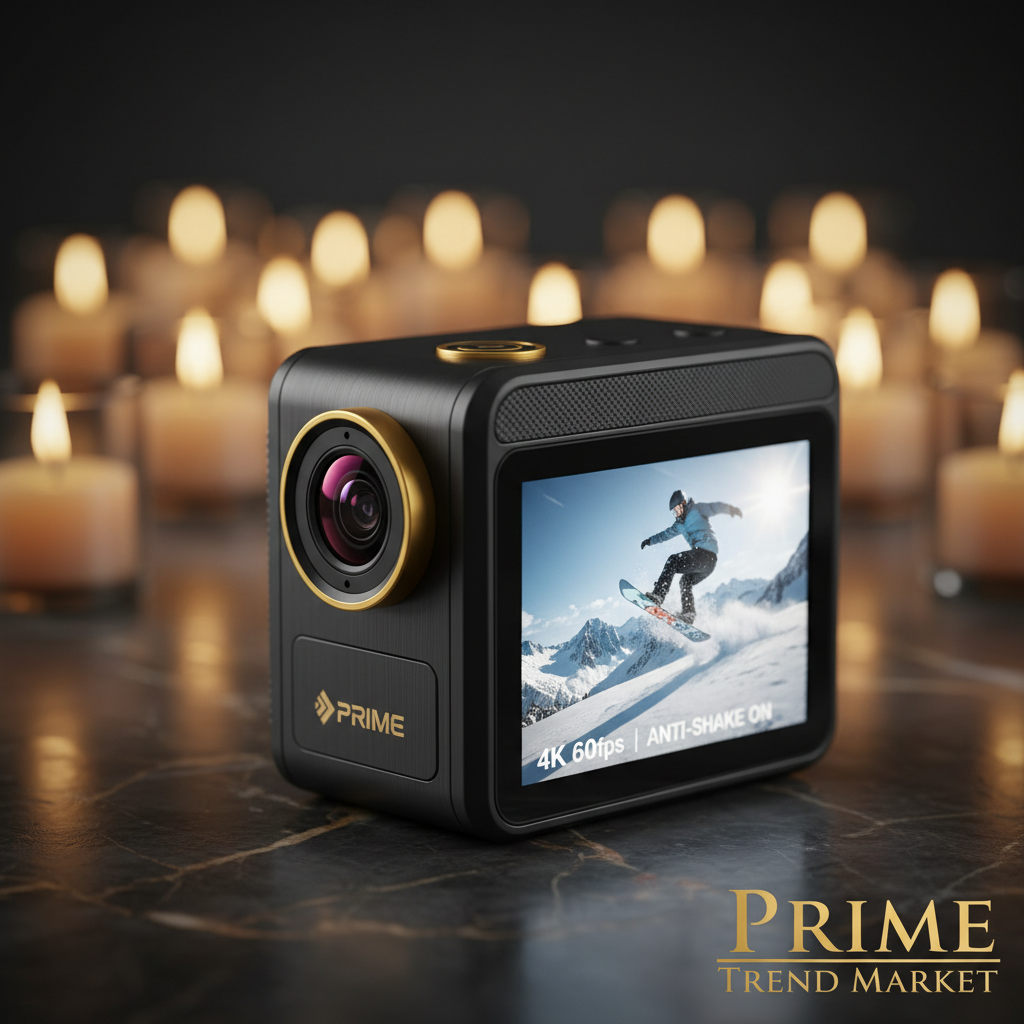 4K anti-shake pocket camera HD screen close-up on dark marble luxury product shot
