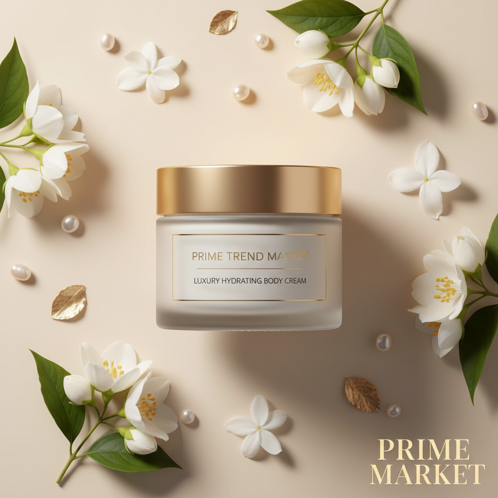 Luxury hydrating body cream flat lay with jasmine flowers gold leaf and pearl accents on cream surface