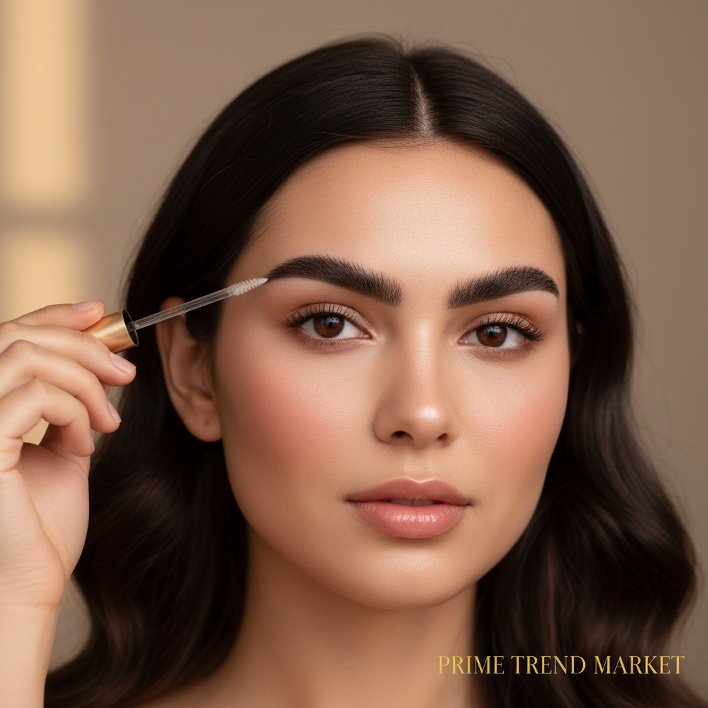 Woman applying eyebrow serum brush thick full dark natural brows beauty lifestyle
