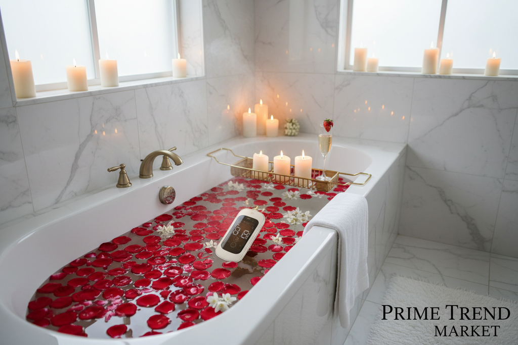 Warm light LED thermometer in white marble luxury spa bathtub