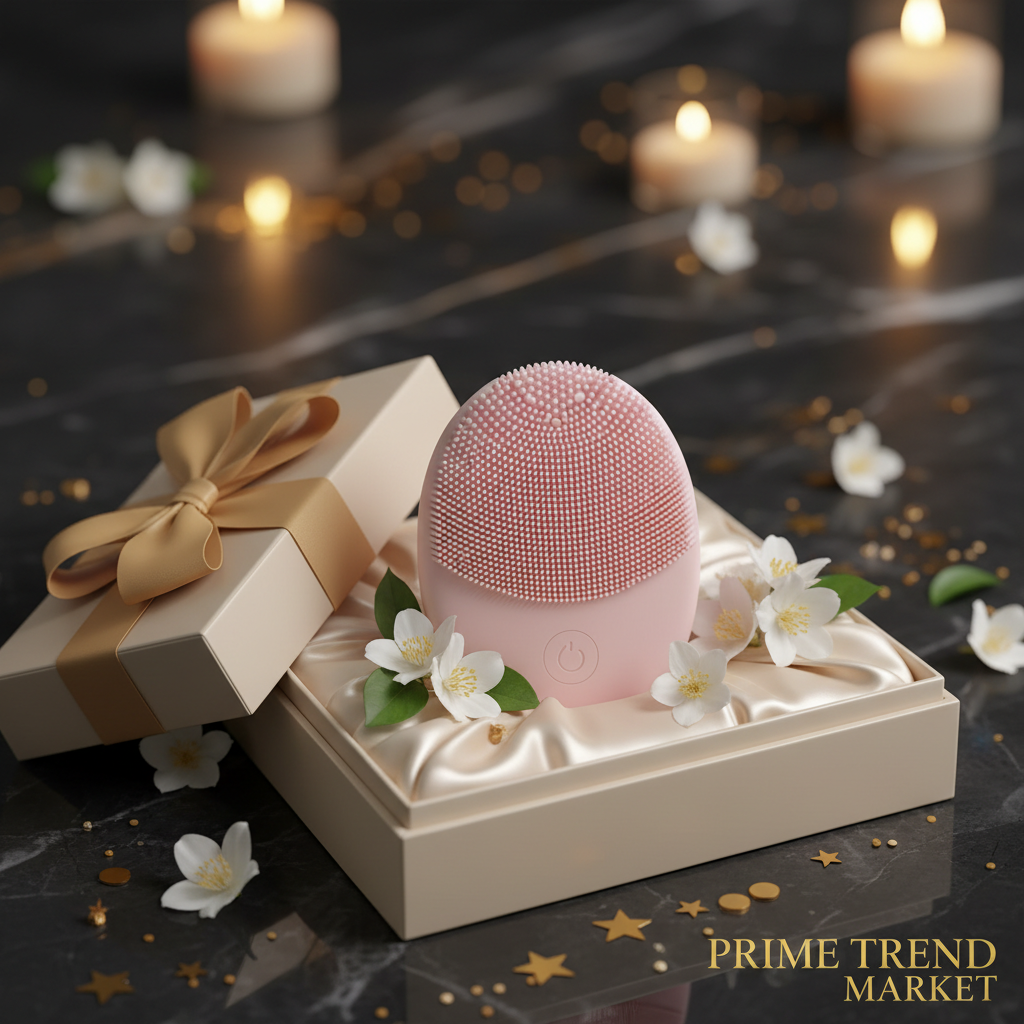 Luxury 5-in-1 Silicone Facial Cleansing Device in cream satin gift box with gold ribbon