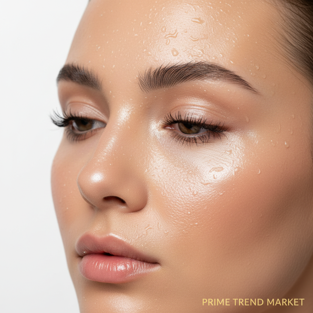 Close-up dewy glowing skin after setting spray