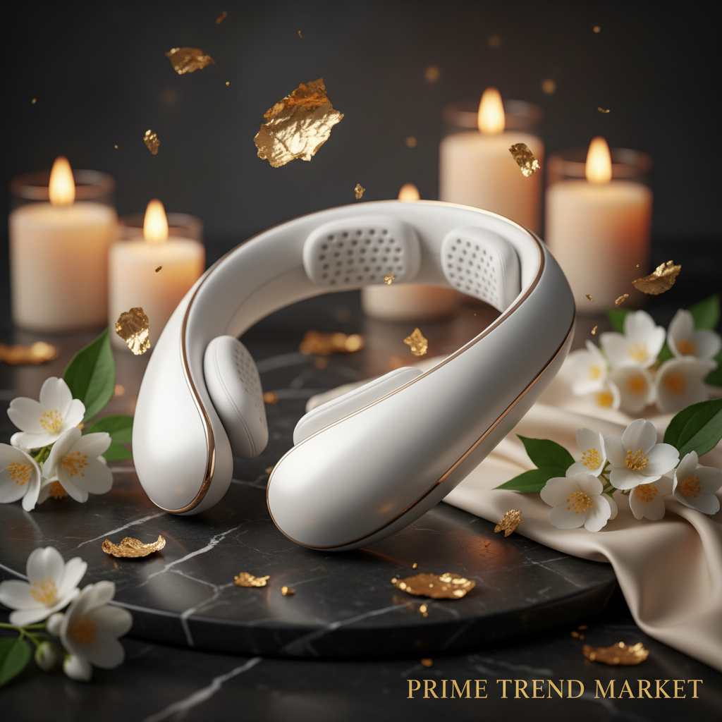 White luxury low-frequency pulse cervical neck massager on dark marble with jasmine flowers and gold accents