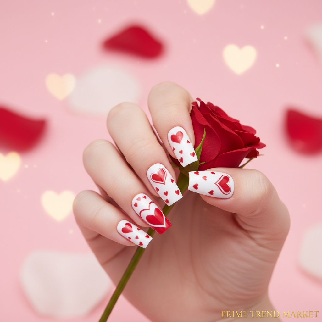 Hand wearing long square red and white heart nail art press-on nails with romantic pink rose petal bokeh background
