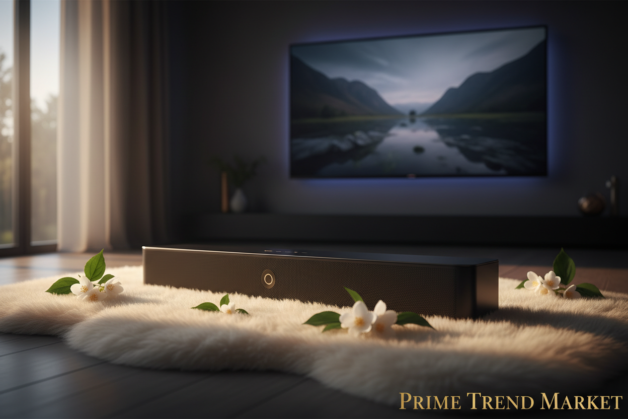 Sleek soundbar on cream ivory surface with golden hour lighting and jasmine flowers