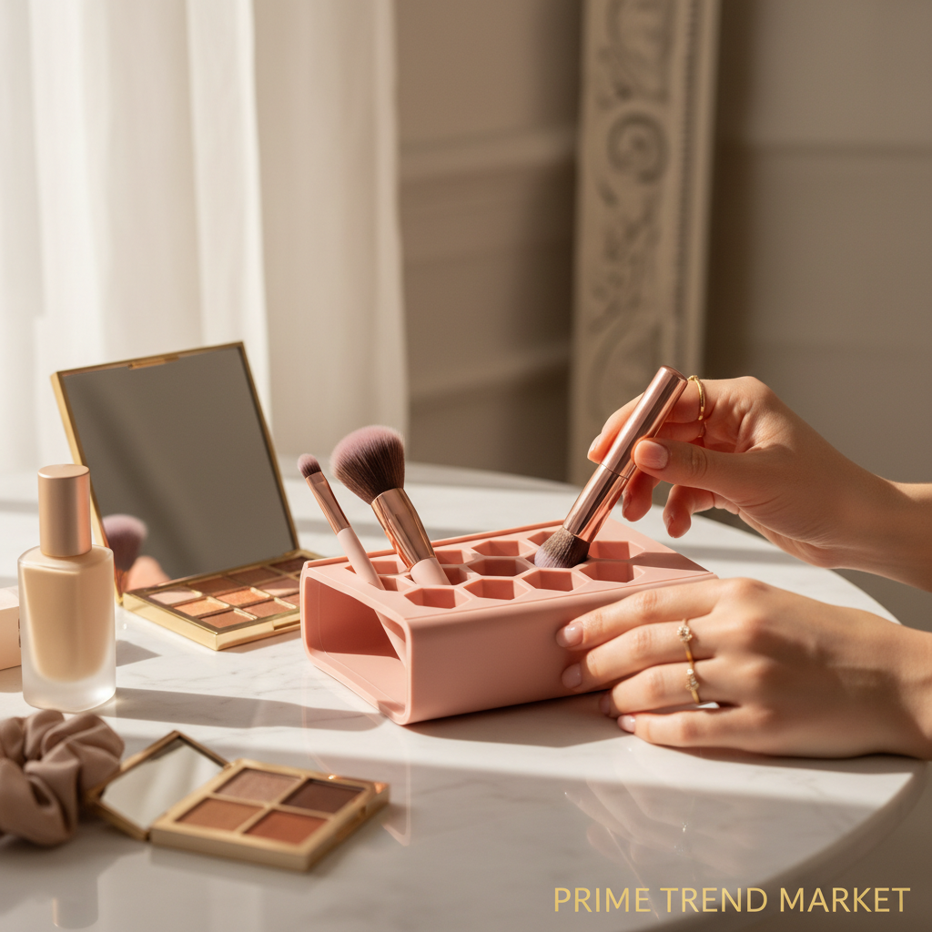 Woman placing makeup brushes into pink silicone travel organizer case on vanity