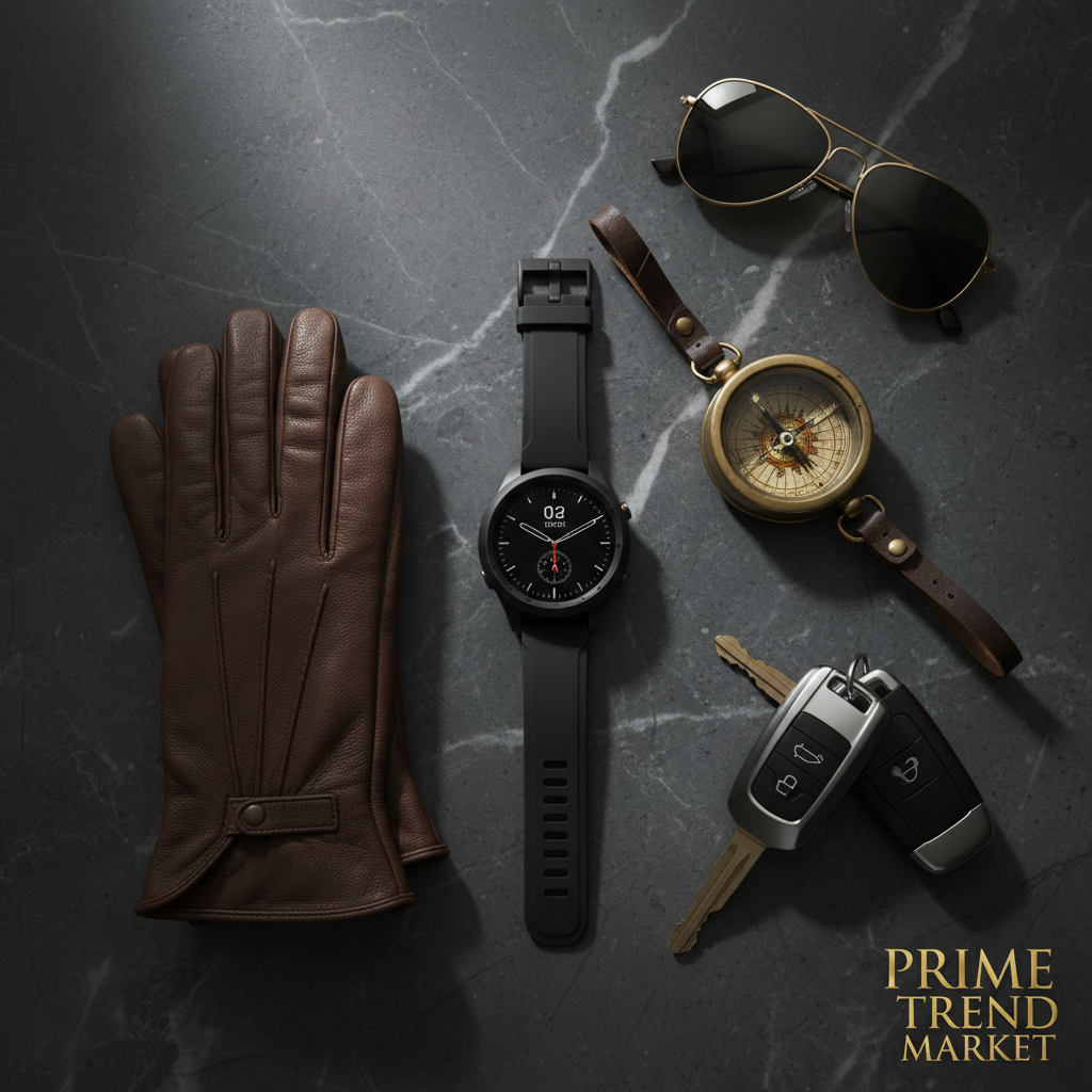 SENBONO GPS smartwatch flatlay on dark marble with leather gloves and compass