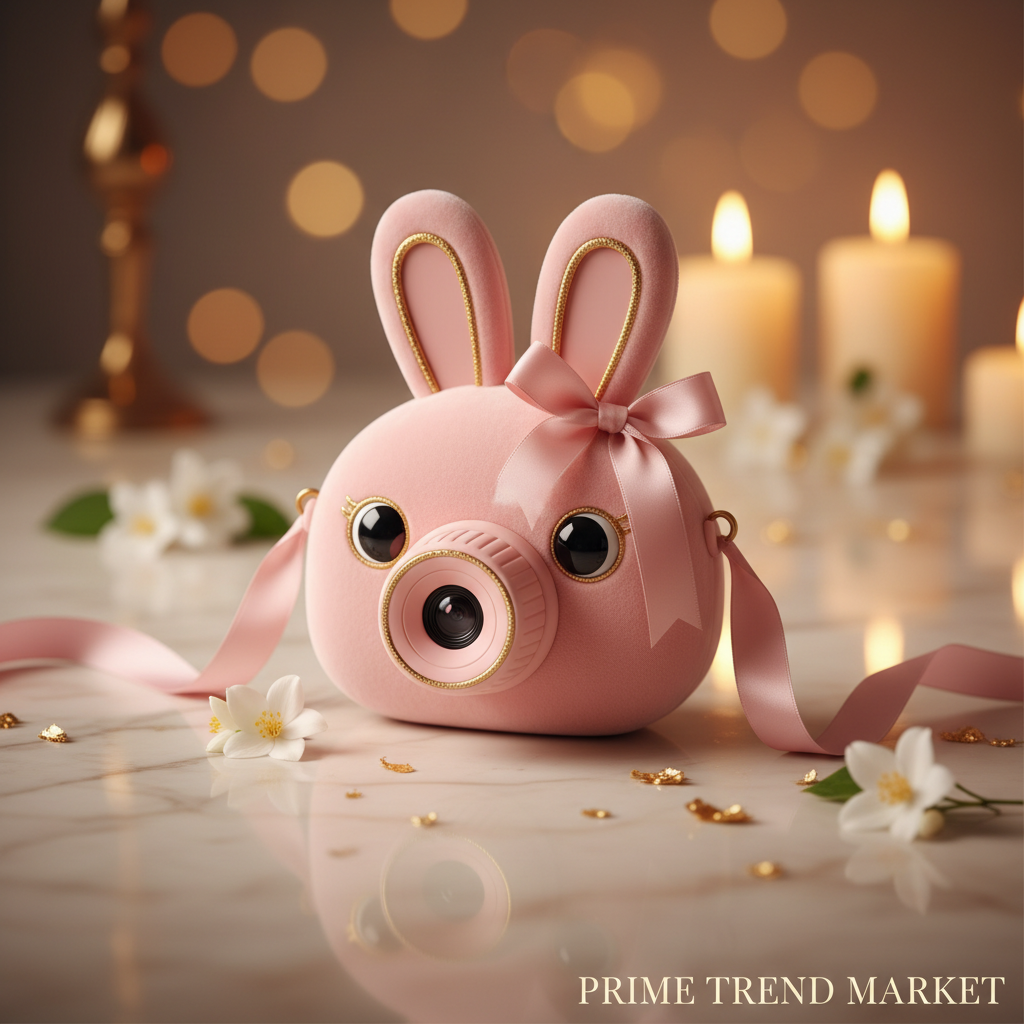 KidShot Pink Bunny camera hero on cream marble with jasmine