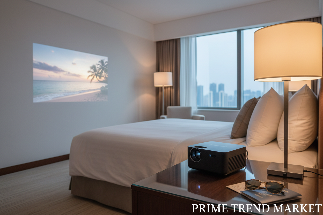 P330 Mini Projector projecting movie in luxury hotel room travel cinema — Prime Trend Market