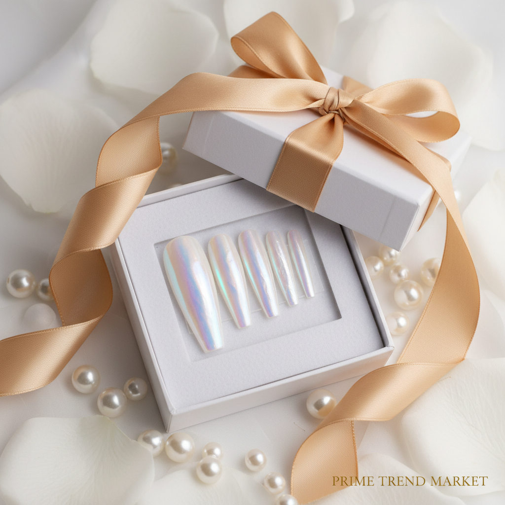 Aurora white press-on nails in white luxury gift box with gold ribbon and rose petals