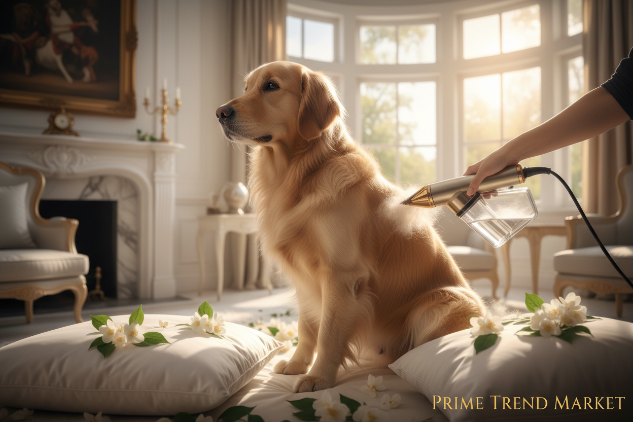 Fluffy golden retriever being groomed with luxury suction pet shaver in elegant bright home setting