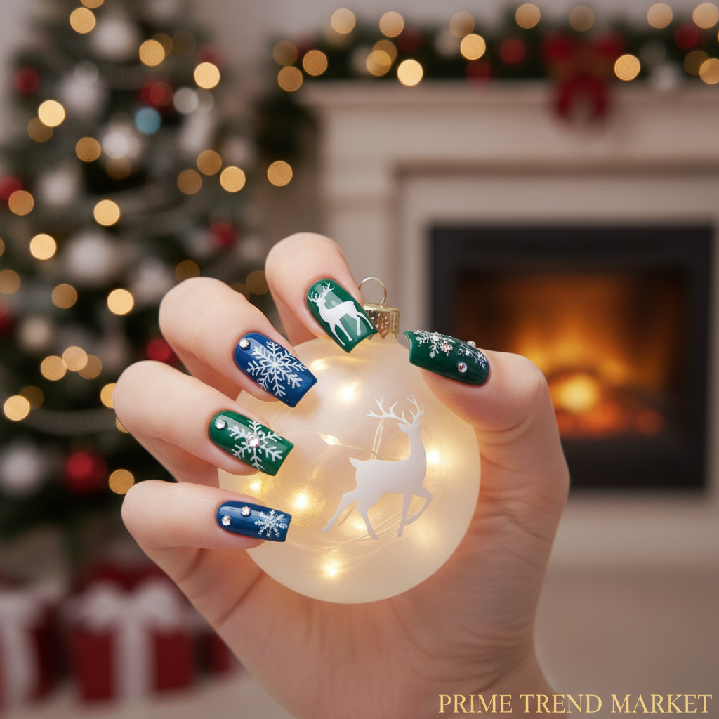 Woman wearing diamond deer snowflake long square press-on nails holiday manicure