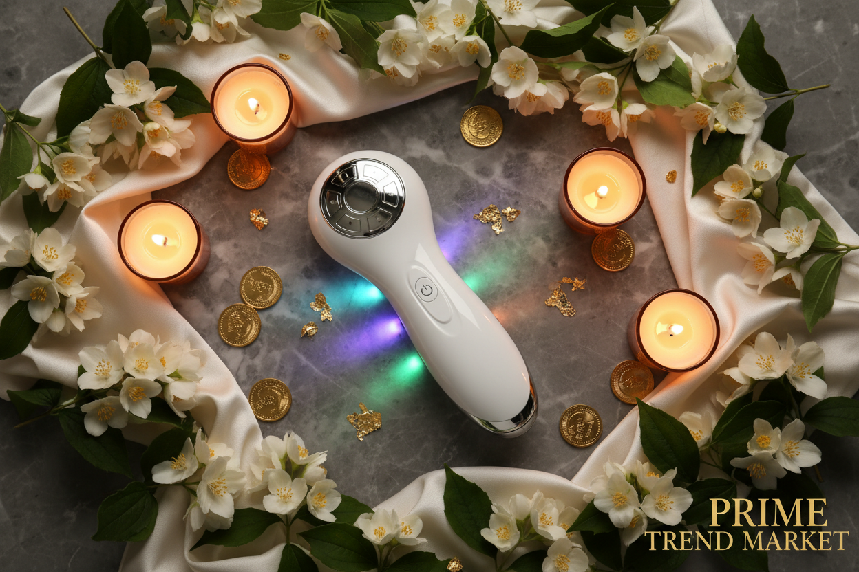 7-in-1 LED Ultrasonic EMS Iontophoresis Beauty Instrument — Luxury Flat Lay