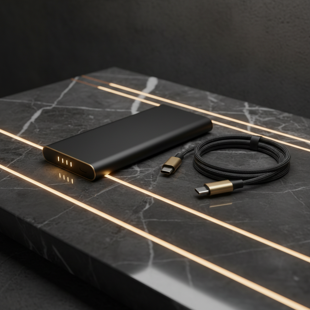 Slim black fast charging power bank on dark marble with LED indicators glowing