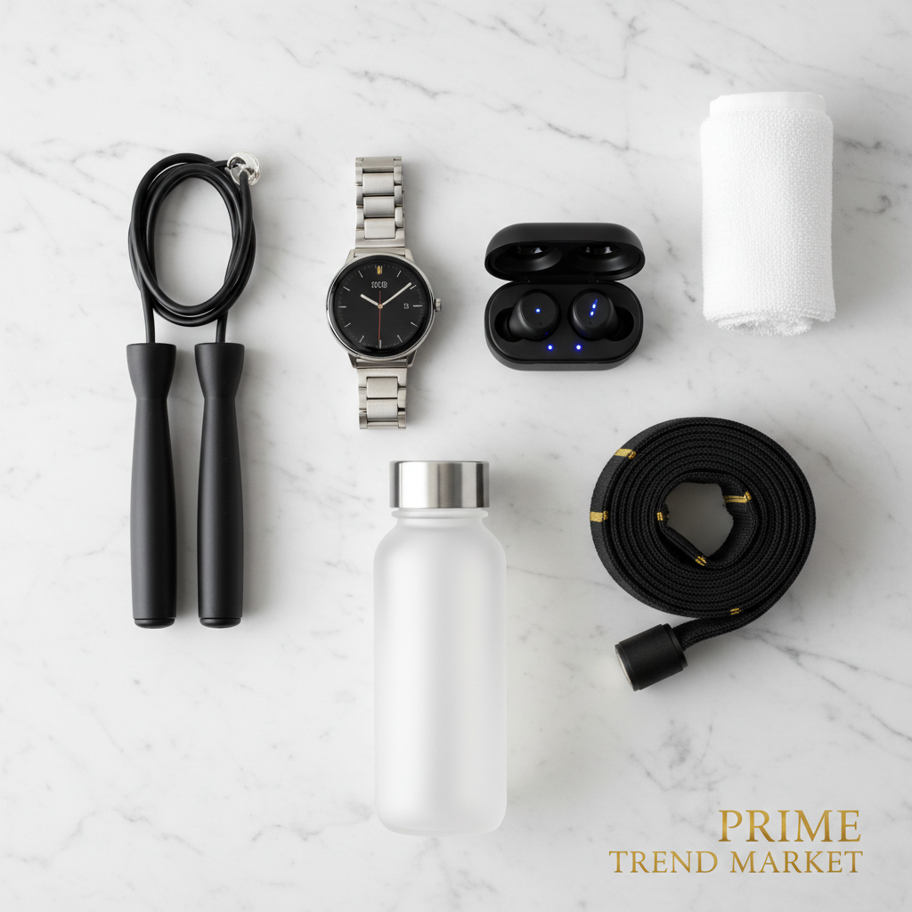 Fitness flat lay with smartwatch and earbuds