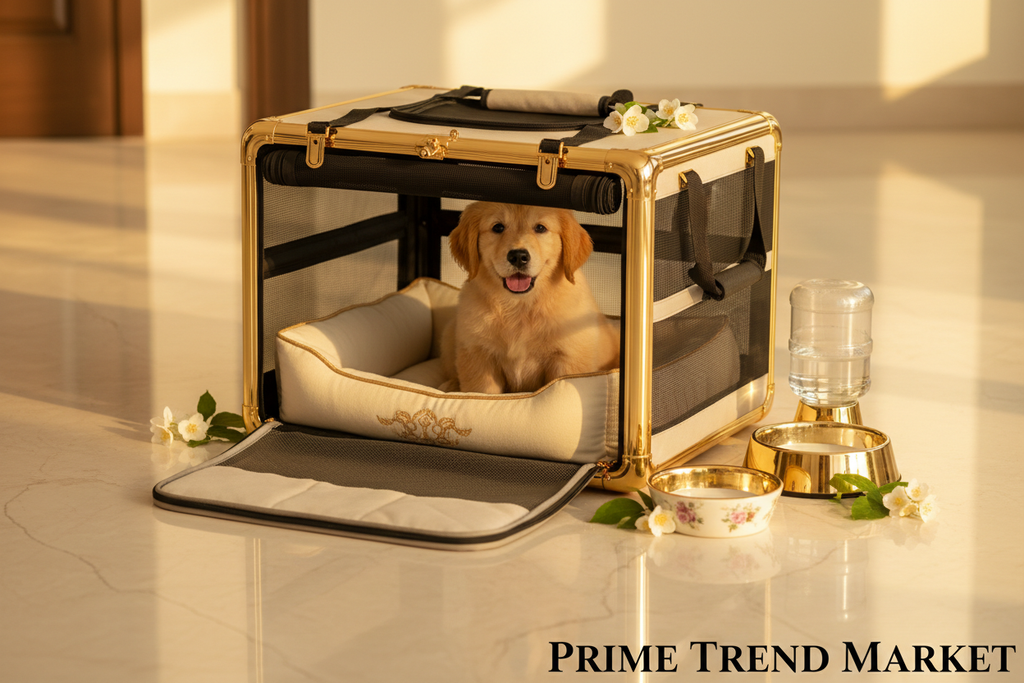 Golden retriever puppy inside portable foldable pet outing cage