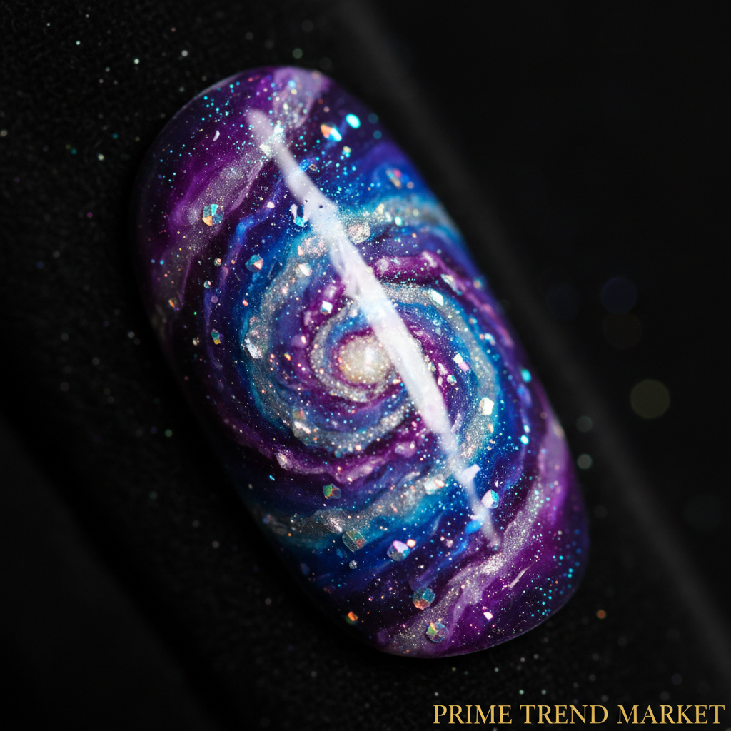 Extreme close-up macro of 3D hand-painted nebula glint nail detail