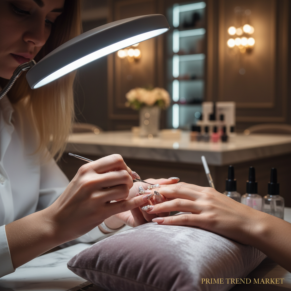 Nail technician working under half moon LED lamp lifestyle shot