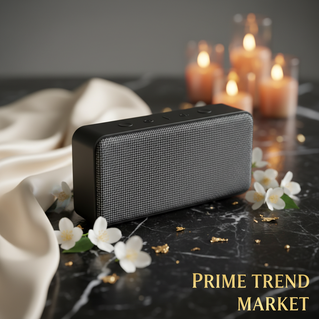 Fabric waterproof Bluetooth speaker on dark marble with jasmine flowers and gold accents — Prime Trend Market