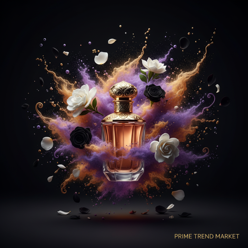 Masked Goddess perfume purple and gold floral explosion drama shot - Prime Trend Market