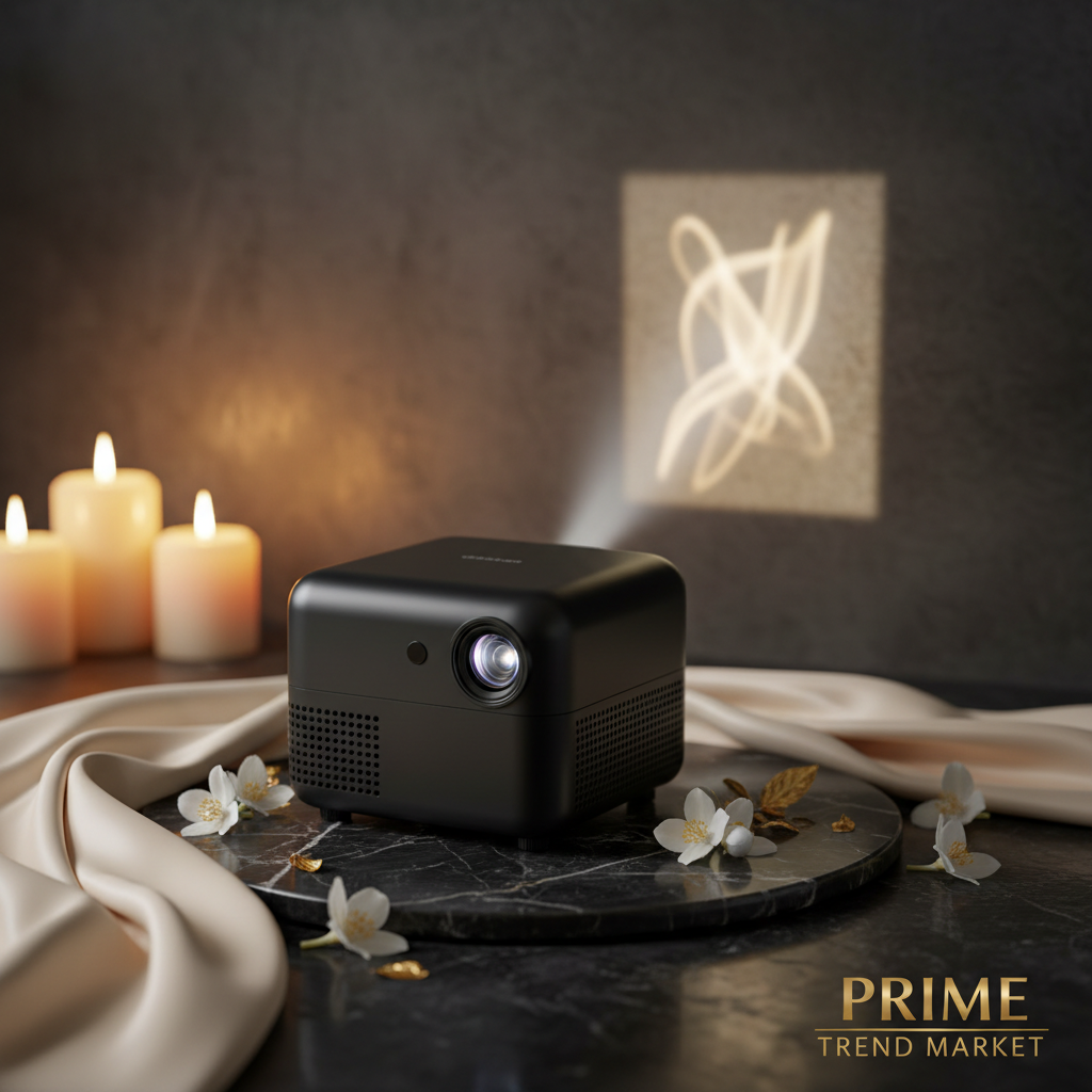 PocketCinema mini projector hero on dark marble with jasmine and candlelight