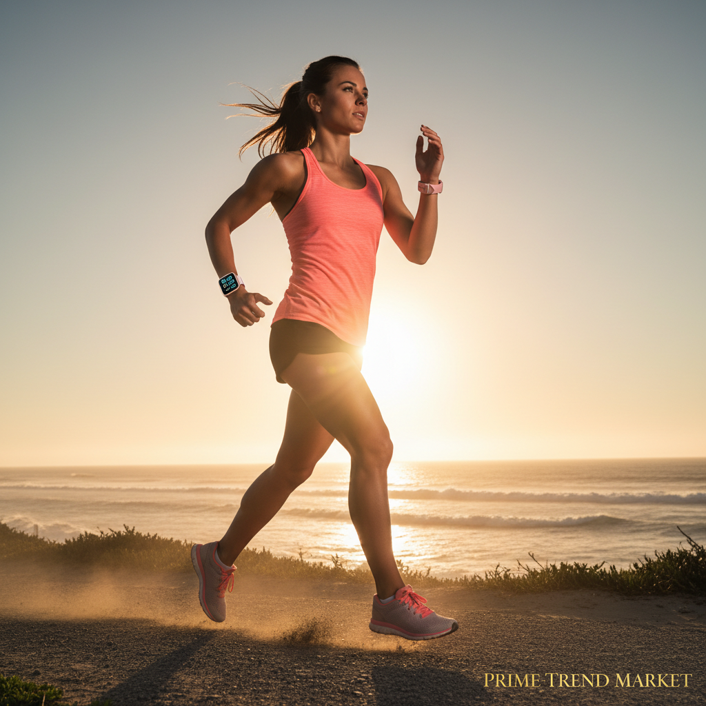 Athletic woman running outdoors wearing pink square smartwatch at golden hour