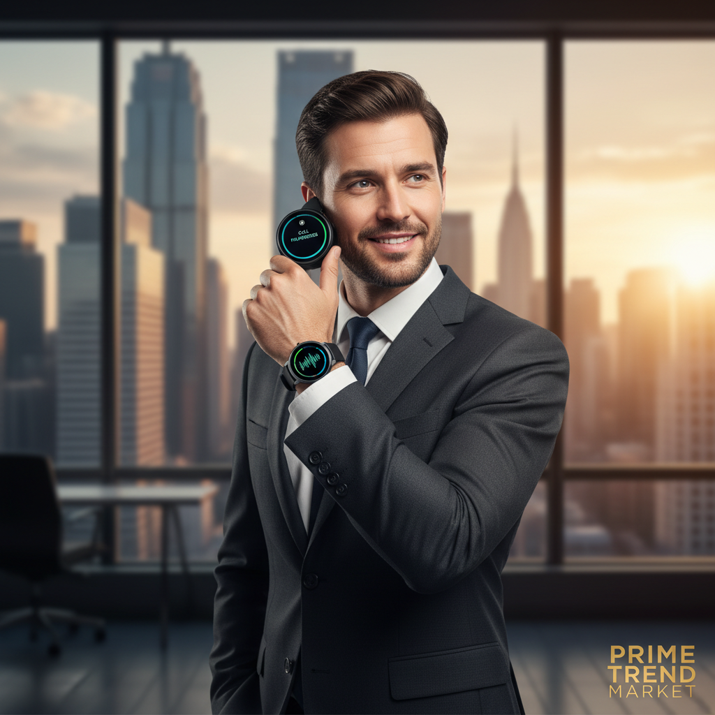 Man answering call on SENBONO round smartwatch in professional setting