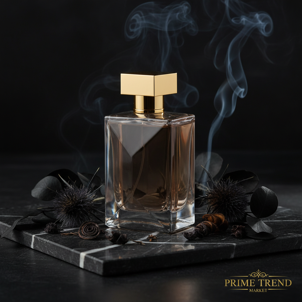 Niche perfume 100ml on black marble with smoke and gold accents