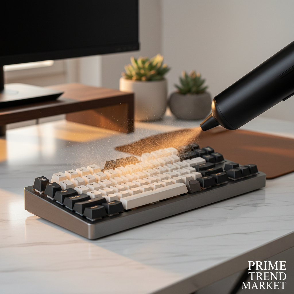 Black cordless air duster blowing dust off mechanical keyboard on white marble desk - Prime Trend Market